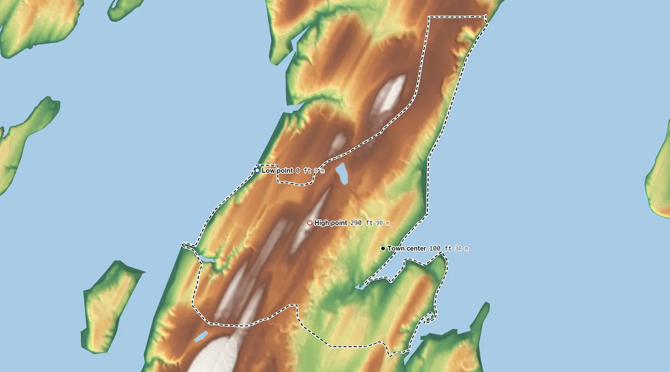 Topographic elevation map of Home, Washington, shaded from sea level level on Case Inlet to 290 ft on the west side