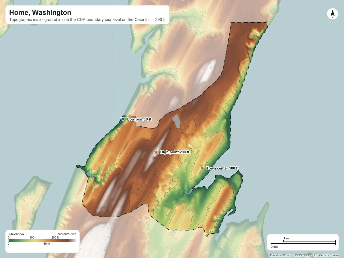 Topographic elevation map of Home, Washington, shaded from sea level level on Case Inlet to 290 ft on the west side
