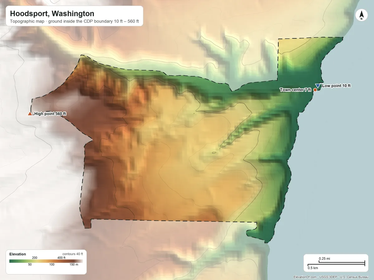 Topographic elevation map of Hoodsport, Washington, shaded from 10 ft near the middle to 560 ft on the west edge, below higher ground just outside