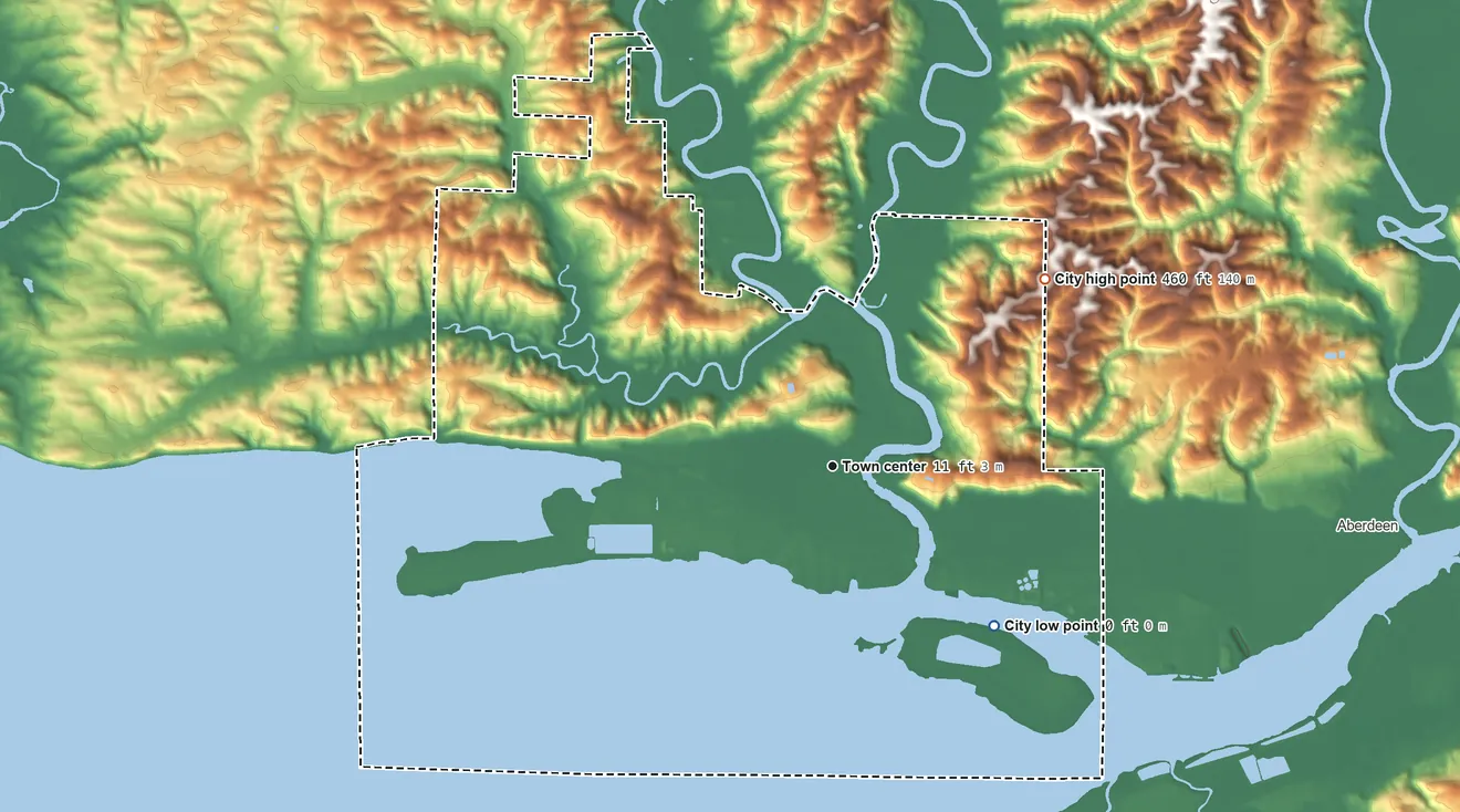 Topographic elevation map of Hoquiam, Washington, shaded from sea level level on Grays Harbor to 460 ft on the northeast side