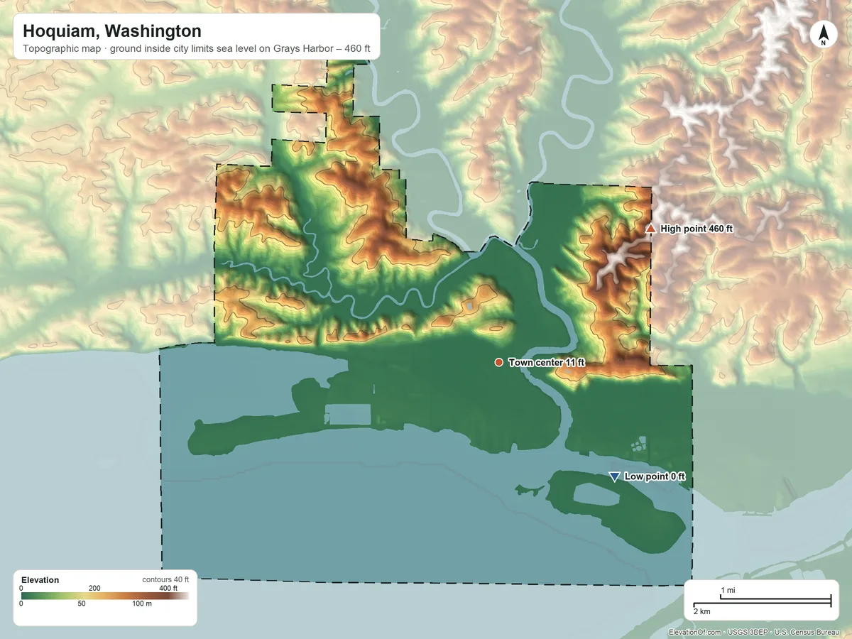 Topographic elevation map of Hoquiam, Washington, shaded from sea level level on Grays Harbor to 460 ft on the northeast side