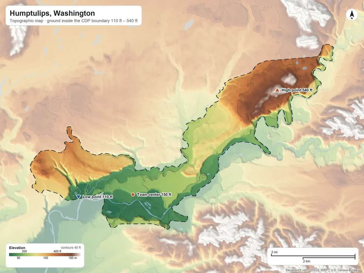 Topographic elevation map of Humptulips, Washington, shaded from 110 ft on the west side to 540 ft on the northeast side