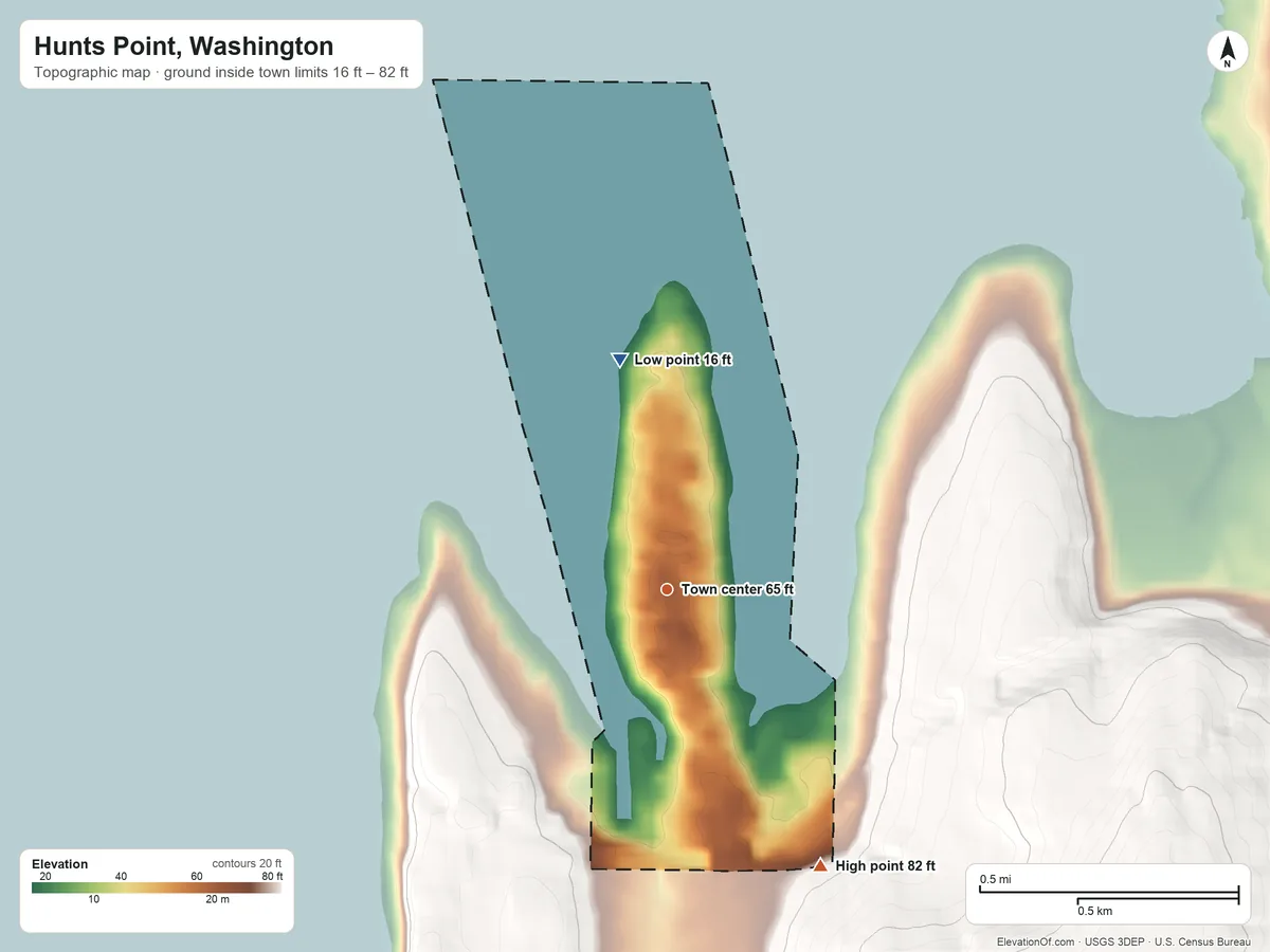 Topographic elevation map of Hunts Point, Washington, shaded from 16 ft on the north side to 82 ft on the southeast edge, below higher ground just outside