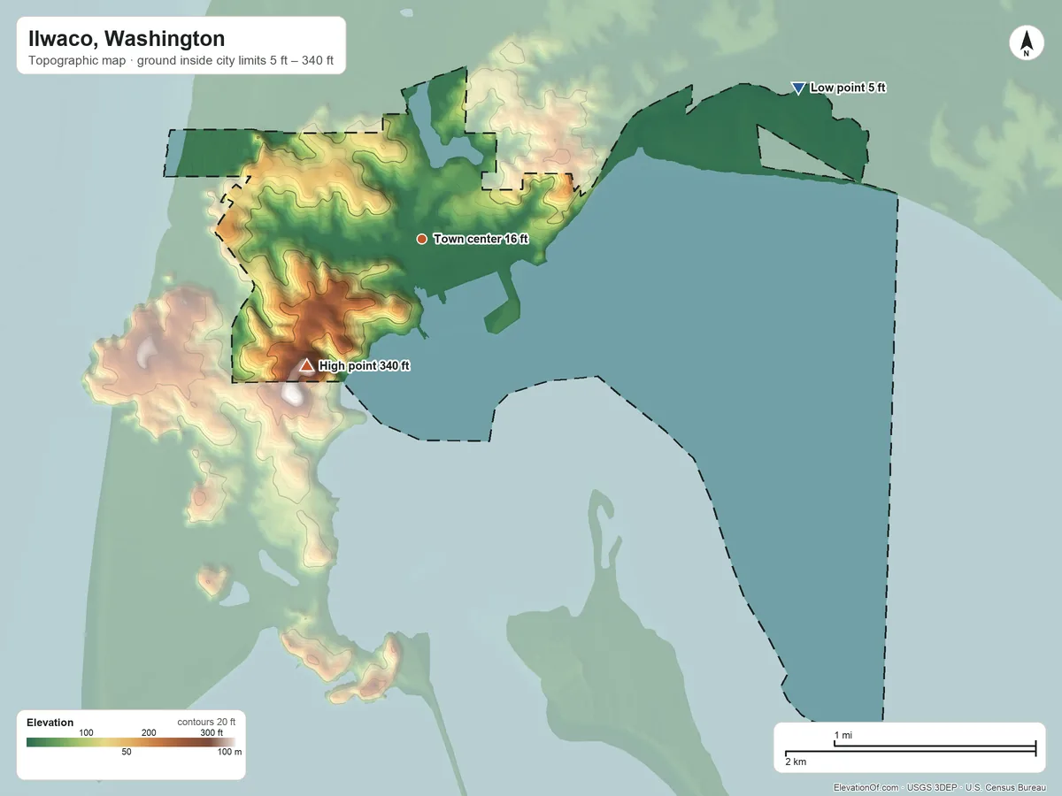 Topographic elevation map of Ilwaco, Washington, shaded from 5 ft on the east side to 340 ft on the southwest side