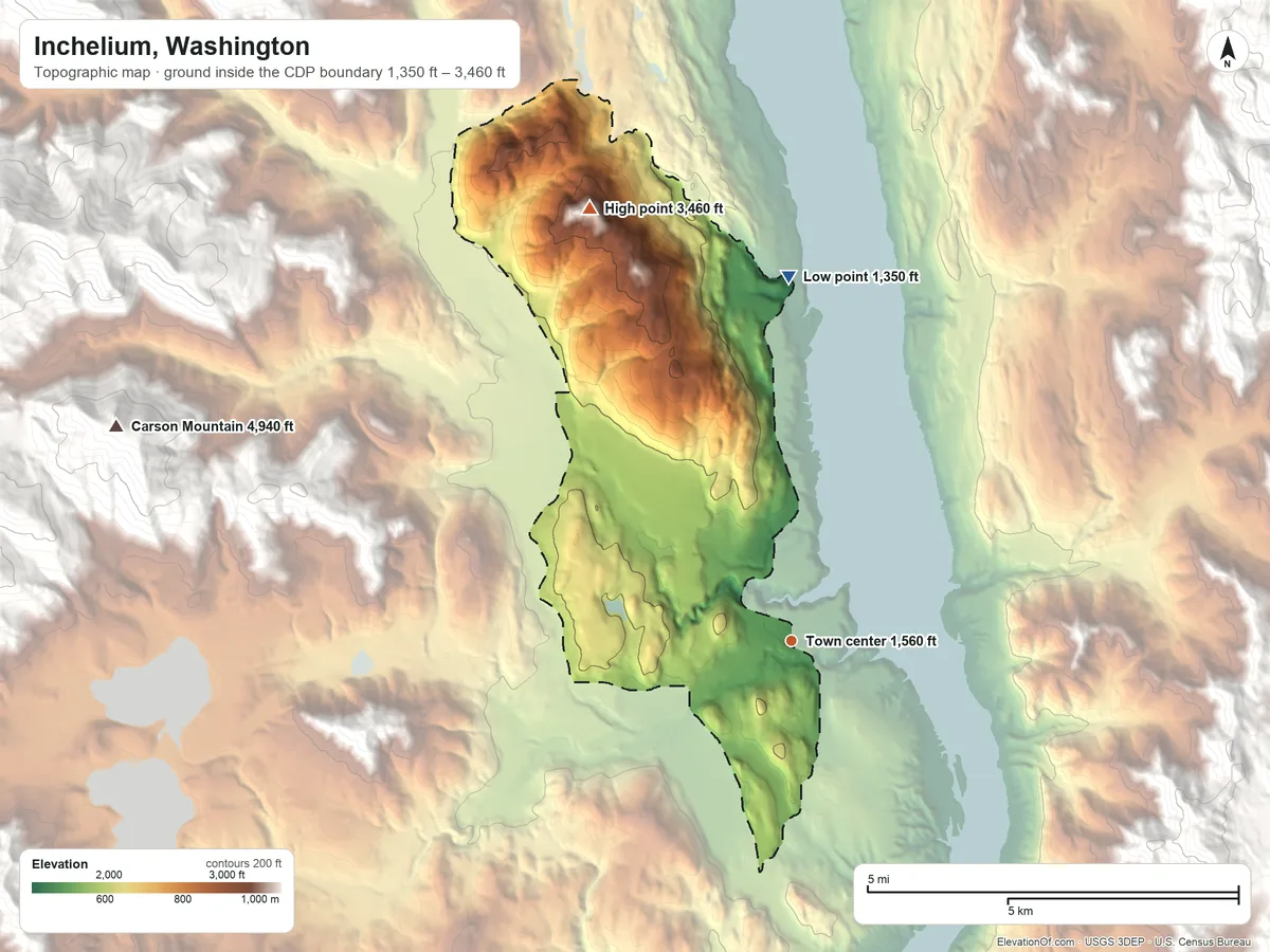 Topographic elevation map of Inchelium, Washington, shaded from 1,350 ft on the north side to 3,460 ft on the northwest side