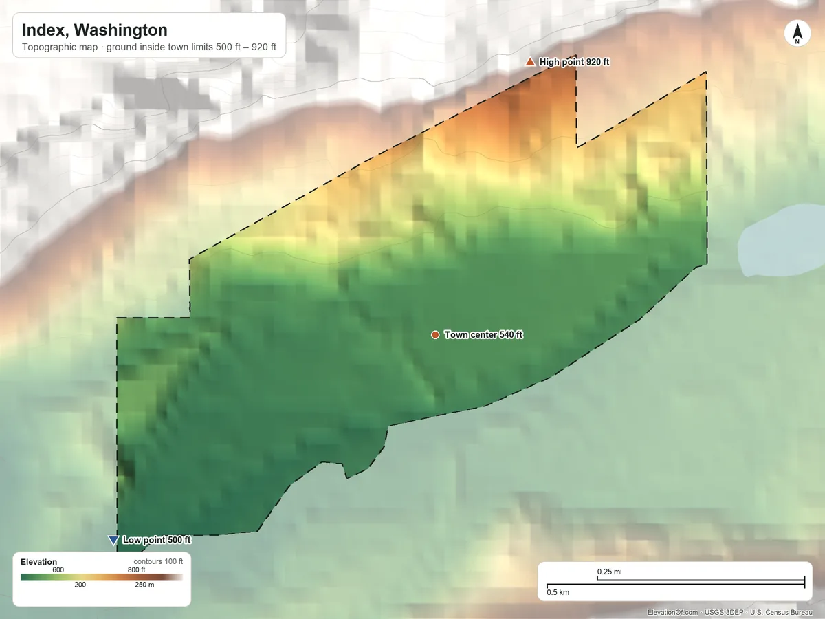 Topographic elevation map of Index, Washington, shaded from 500 ft on the southwest side to 920 ft on the north edge, below higher ground just outside