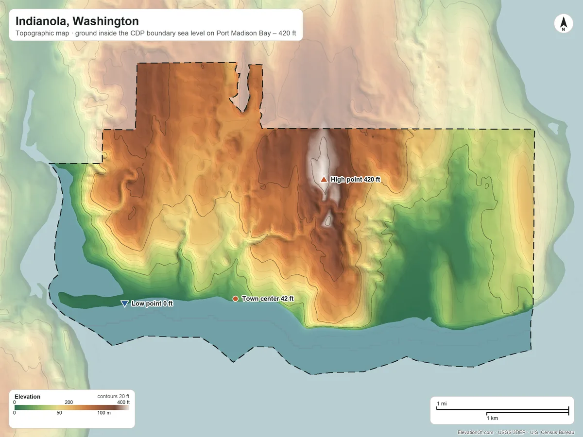 Topographic elevation map of Indianola, Washington, shaded from sea level level on Port Madison Bay to 420 ft on the northeast side
