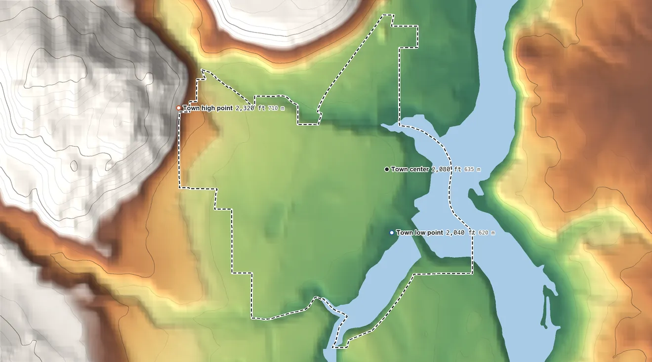 Topographic elevation map of Ione, Washington, shaded from 2,040 ft on the south side to 2,320 ft on the west edge, below higher ground just outside