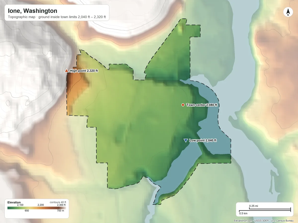 Topographic elevation map of Ione, Washington, shaded from 2,040 ft on the south side to 2,320 ft on the west edge, below higher ground just outside