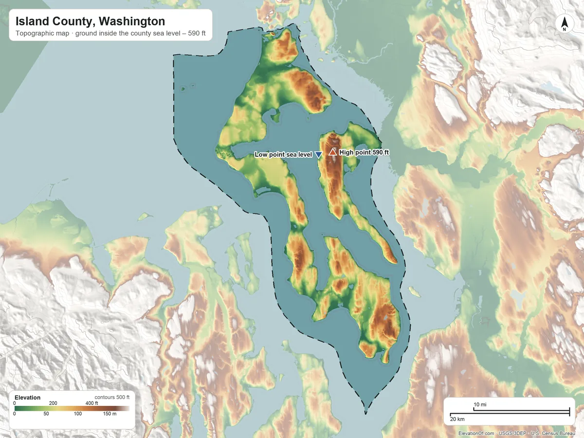Topographic elevation map of Island County, Washington, shaded from sea level on the Saratoga Passage to 590 ft on the northeast side
