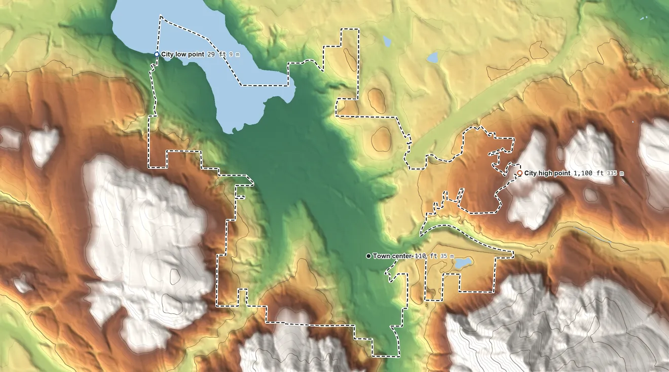Topographic elevation map of Issaquah, Washington, shaded from 29 ft on the northwest side to 1,100 ft on the northeast edge, below higher ground just outside