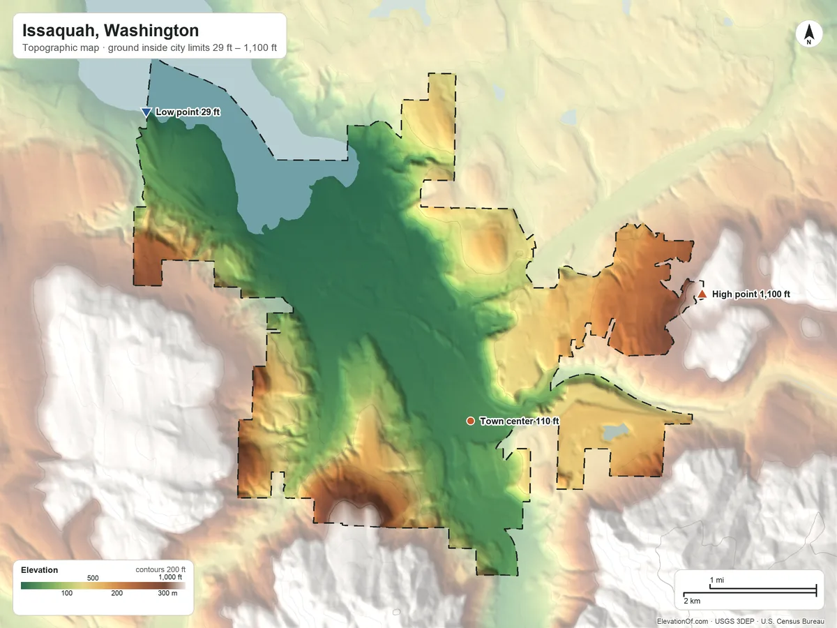 Topographic elevation map of Issaquah, Washington, shaded from 29 ft on the northwest side to 1,100 ft on the northeast edge, below higher ground just outside