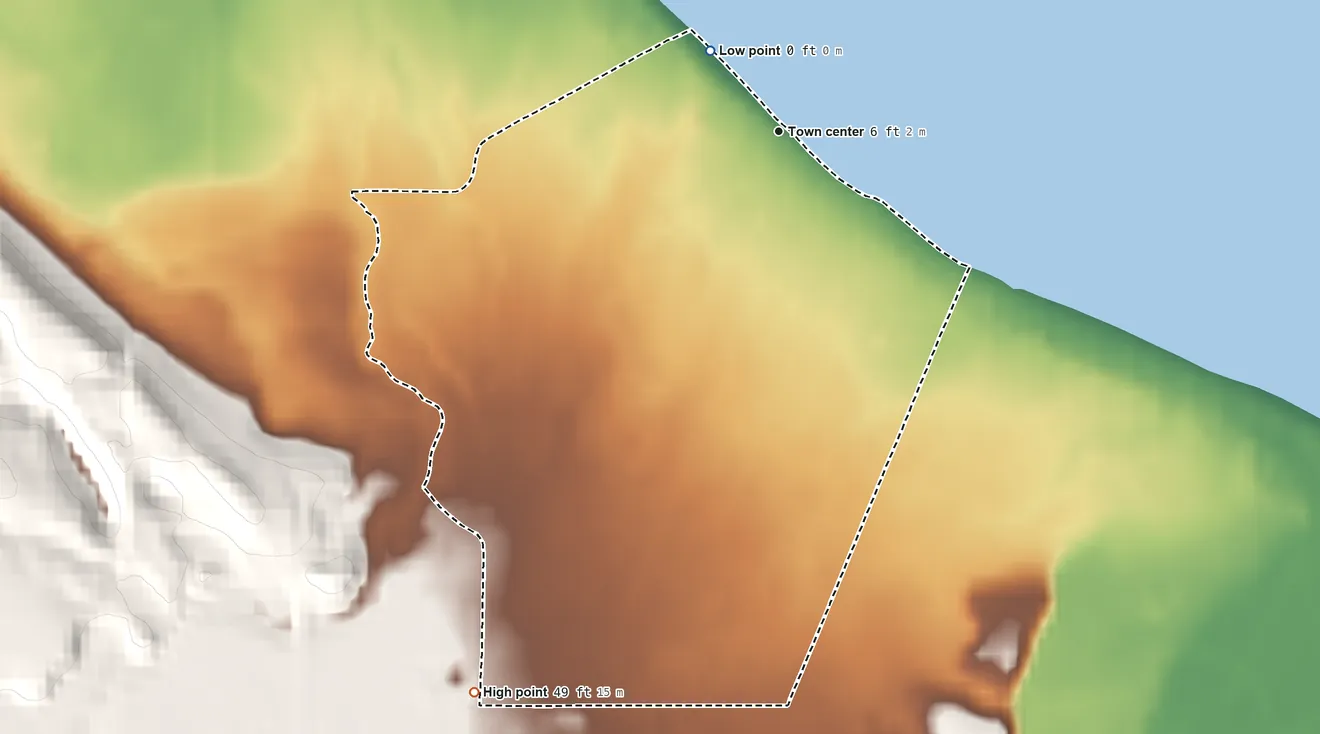 Topographic elevation map of Jamestown, Washington, shaded from sea level level on the Salish Sea to 49 ft on the southwest side