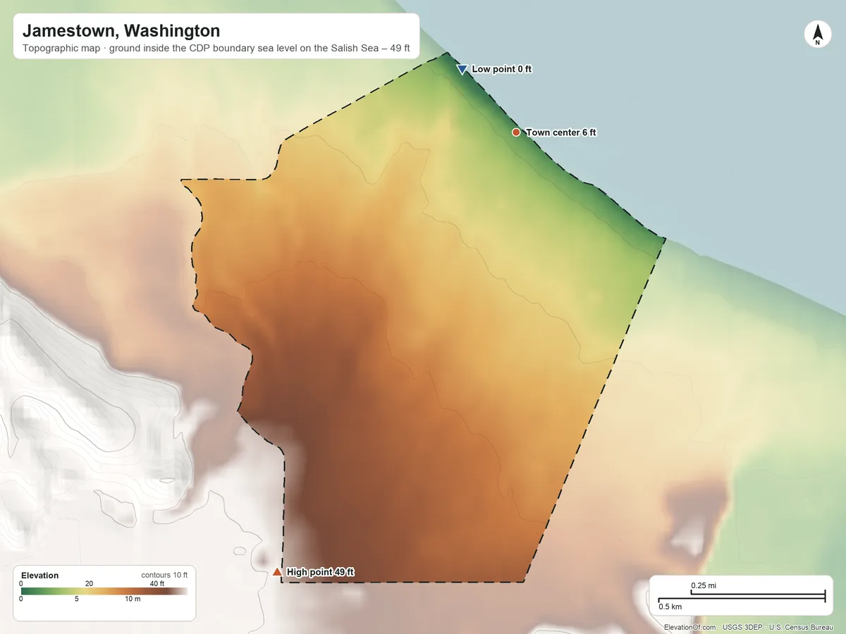 Topographic elevation map of Jamestown, Washington, shaded from sea level level on the Salish Sea to 49 ft on the southwest side