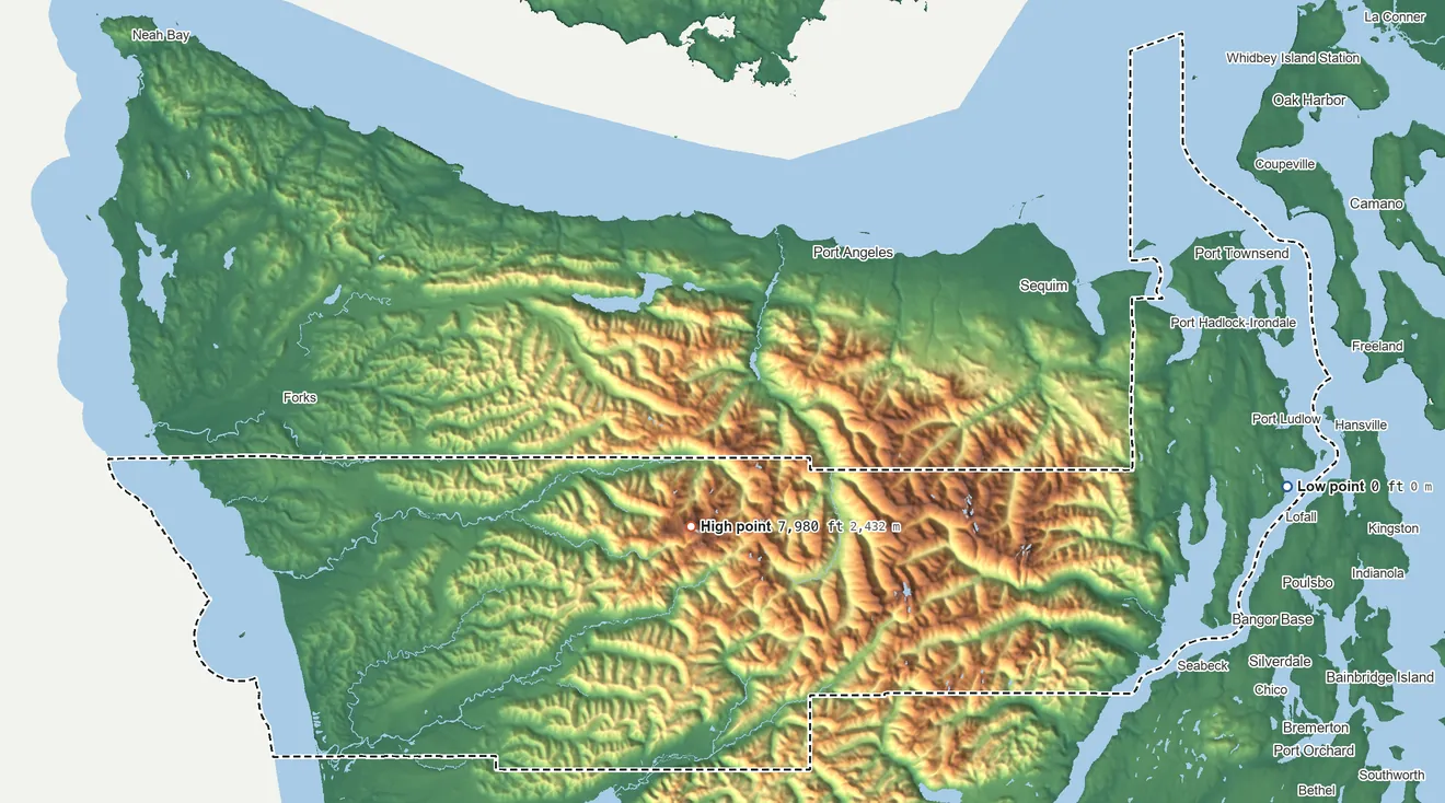 Topographic elevation map of Jefferson County, Washington, shaded from sea level on the Salish Sea to 7,980 ft on Mount Olympus