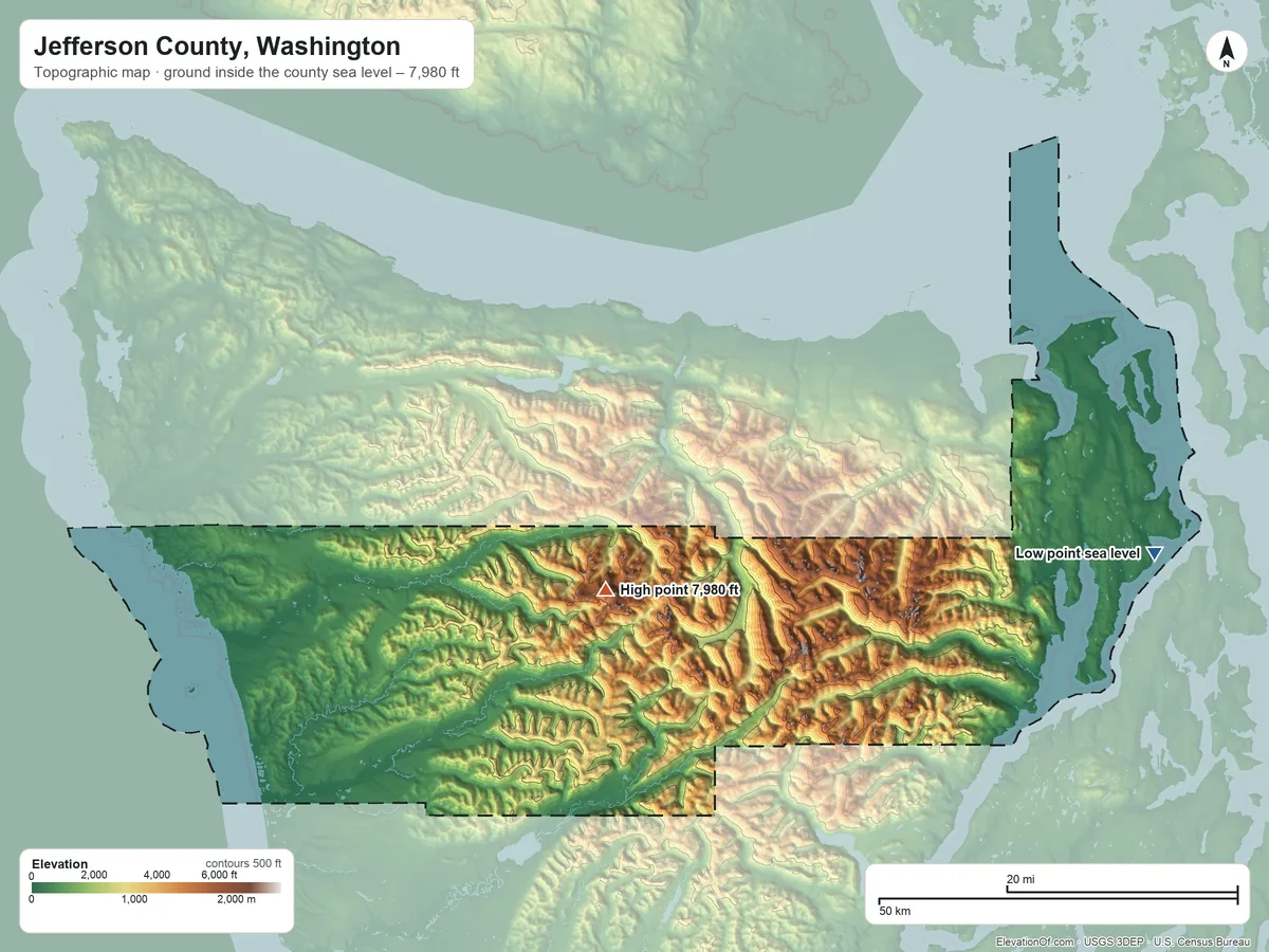 Topographic elevation map of Jefferson County, Washington, shaded from sea level on the Salish Sea to 7,980 ft on Mount Olympus