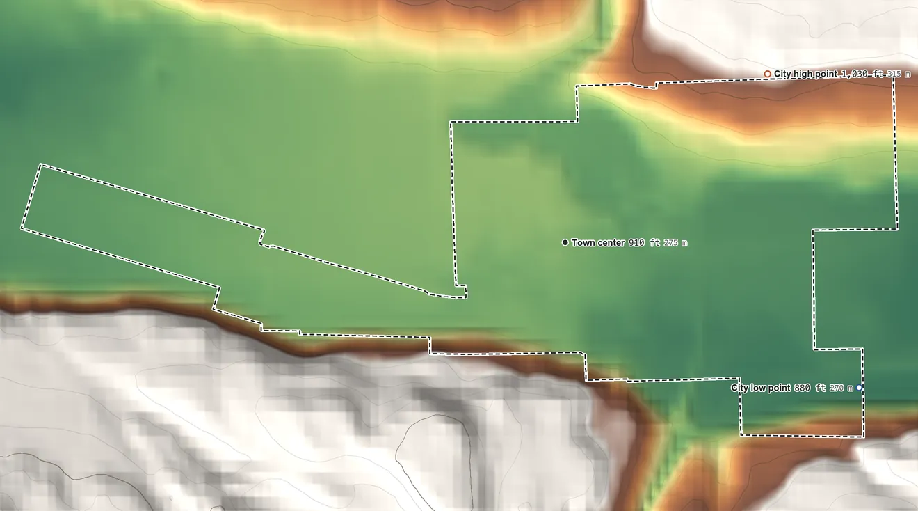 Topographic elevation map of Kahlotus, Washington, shaded from 880 ft on the southeast side to 1,030 ft at the foot of the Sand Hills