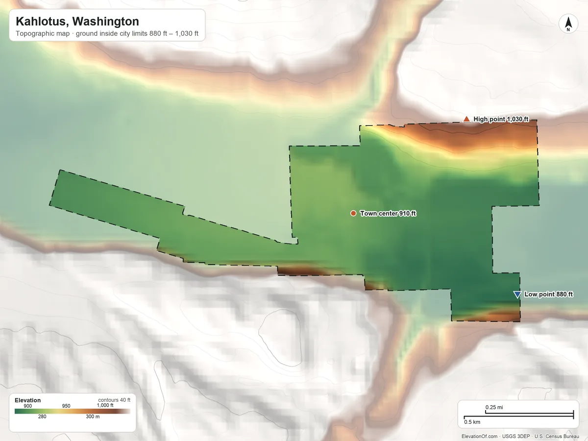 Topographic elevation map of Kahlotus, Washington, shaded from 880 ft on the southeast side to 1,030 ft at the foot of the Sand Hills