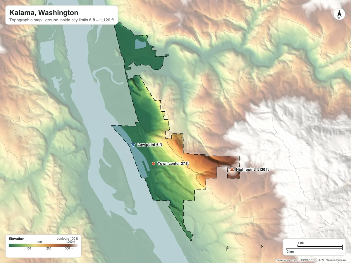 Topographic elevation map of Kalama, Washington, shaded from 6 ft on the northwest side to 1,120 ft on the east edge, below higher ground just outside