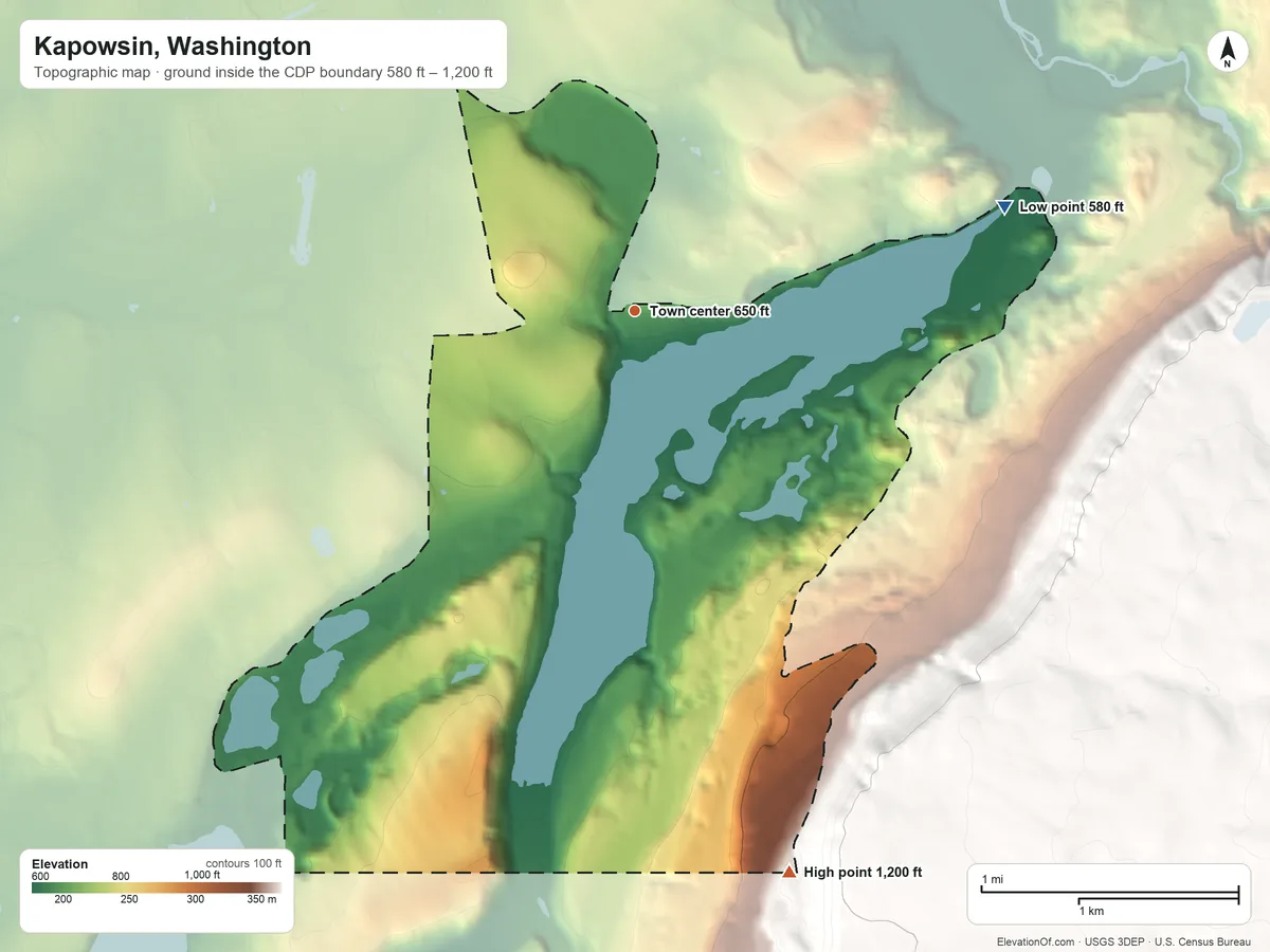 Topographic elevation map of Kapowsin, Washington, shaded from 580 ft on the east side to 1,200 ft on the south edge, below higher ground just outside