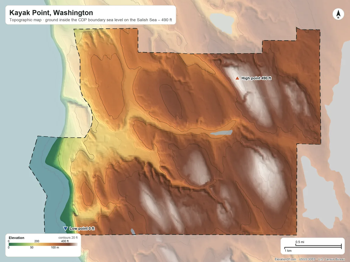 Topographic elevation map of Kayak Point, Washington, shaded from sea level level on the Salish Sea to 490 ft on the northeast side