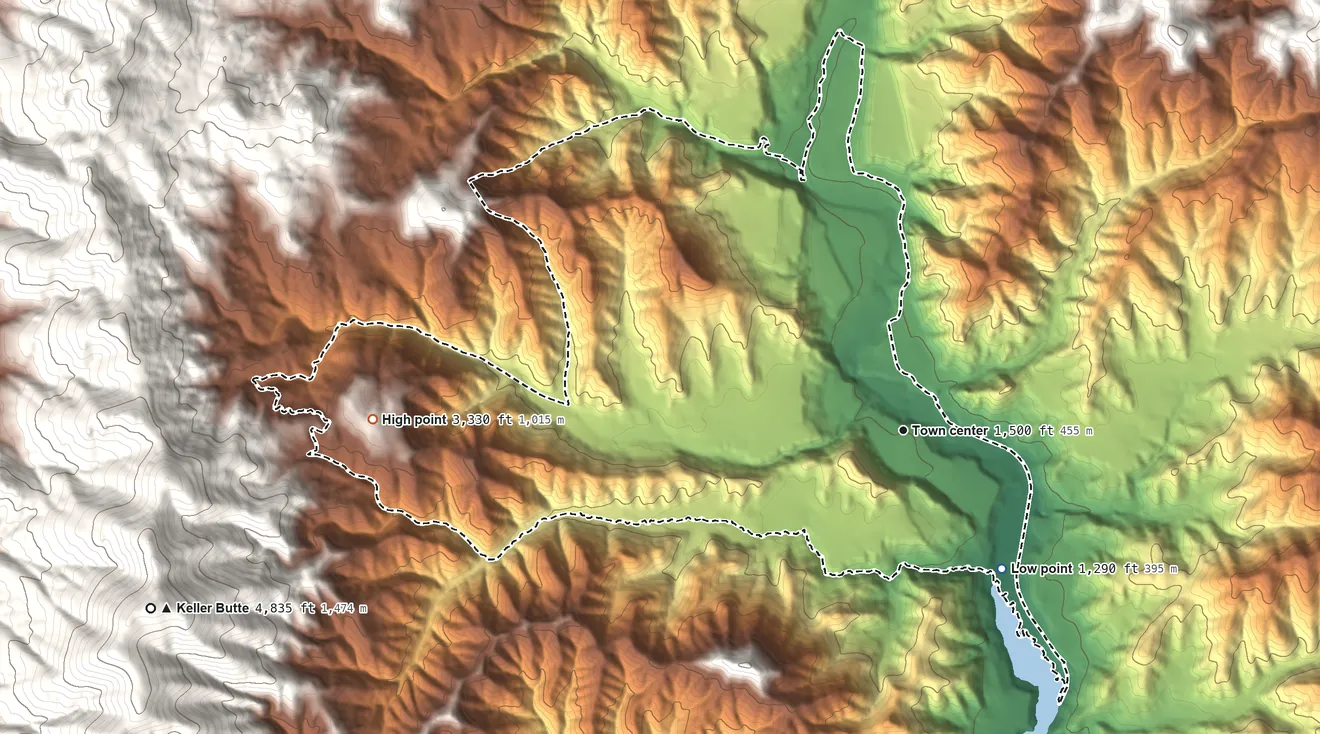 Topographic elevation map of Keller, Washington, shaded from 1,290 ft on the southeast side to 3,330 ft on the west edge, below higher ground just outside