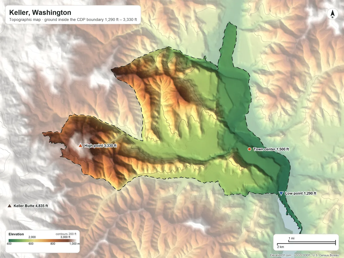 Topographic elevation map of Keller, Washington, shaded from 1,290 ft on the southeast side to 3,330 ft on the west edge, below higher ground just outside