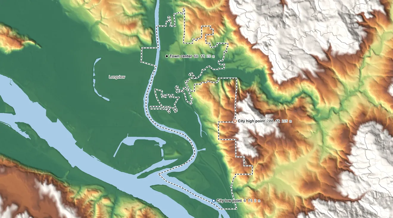 Topographic elevation map of Kelso, Washington, shaded from 6 ft on the south side to 700 ft on the southeast side