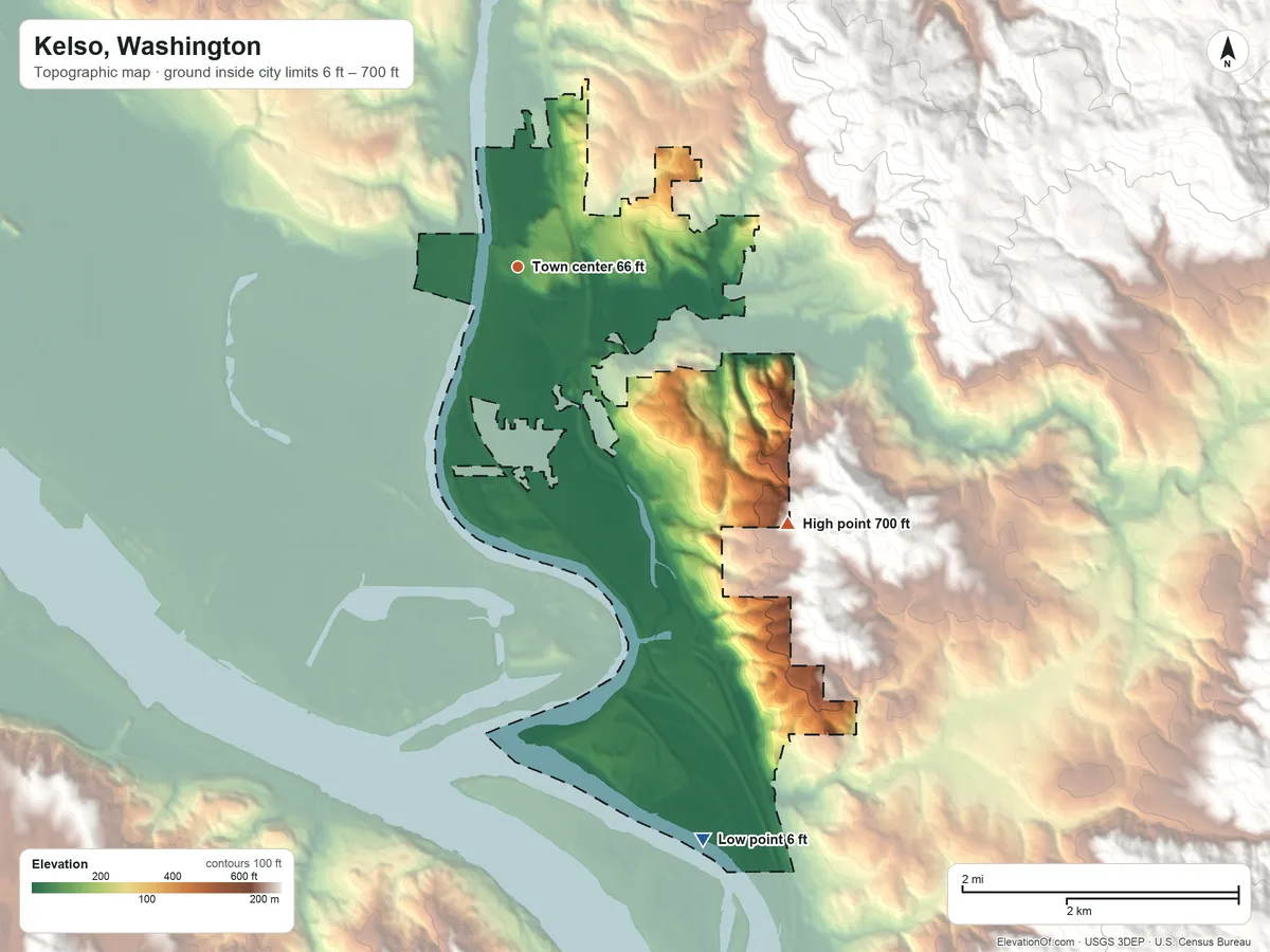 Topographic elevation map of Kelso, Washington, shaded from 6 ft on the south side to 700 ft on the southeast side
