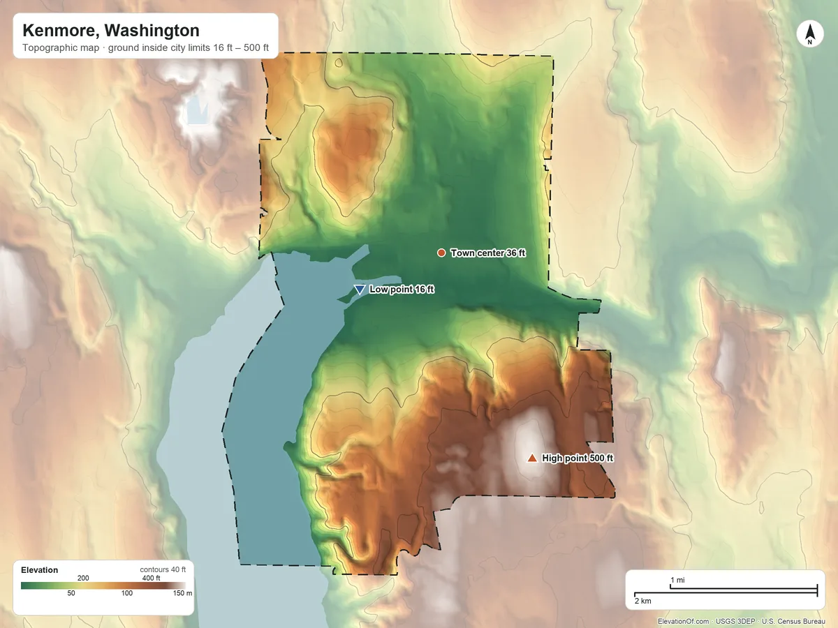 Topographic elevation map of Kenmore, Washington, shaded from 16 ft on the southwest side to 500 ft on the southeast side