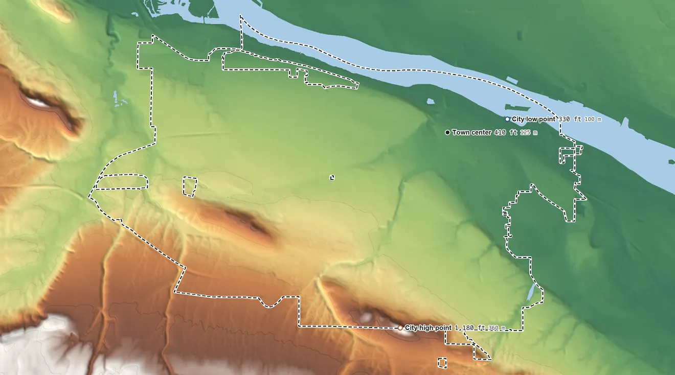 Topographic elevation map of Kennewick, Washington, shaded from 330 ft on the east side to 1,180 ft on the south side