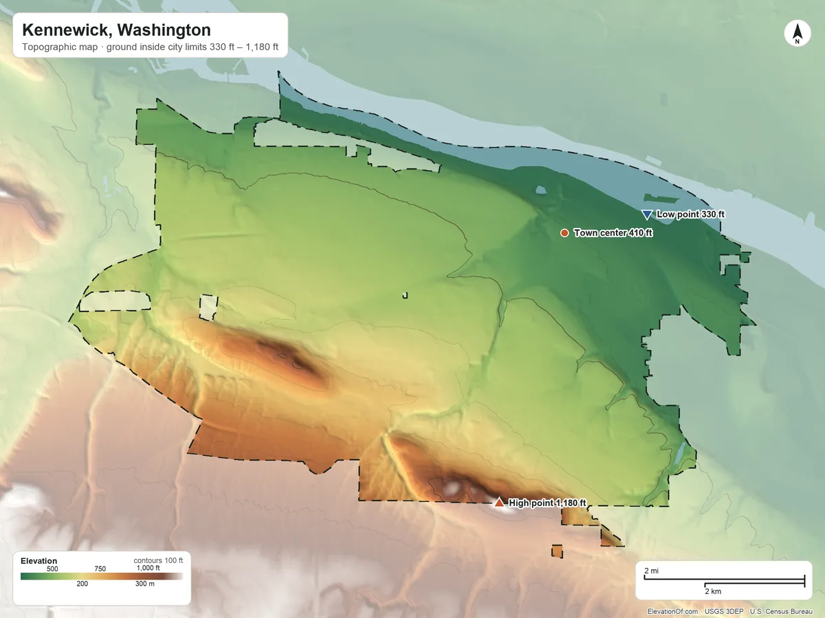Topographic elevation map of Kennewick, Washington, shaded from 330 ft on the east side to 1,180 ft on the south side