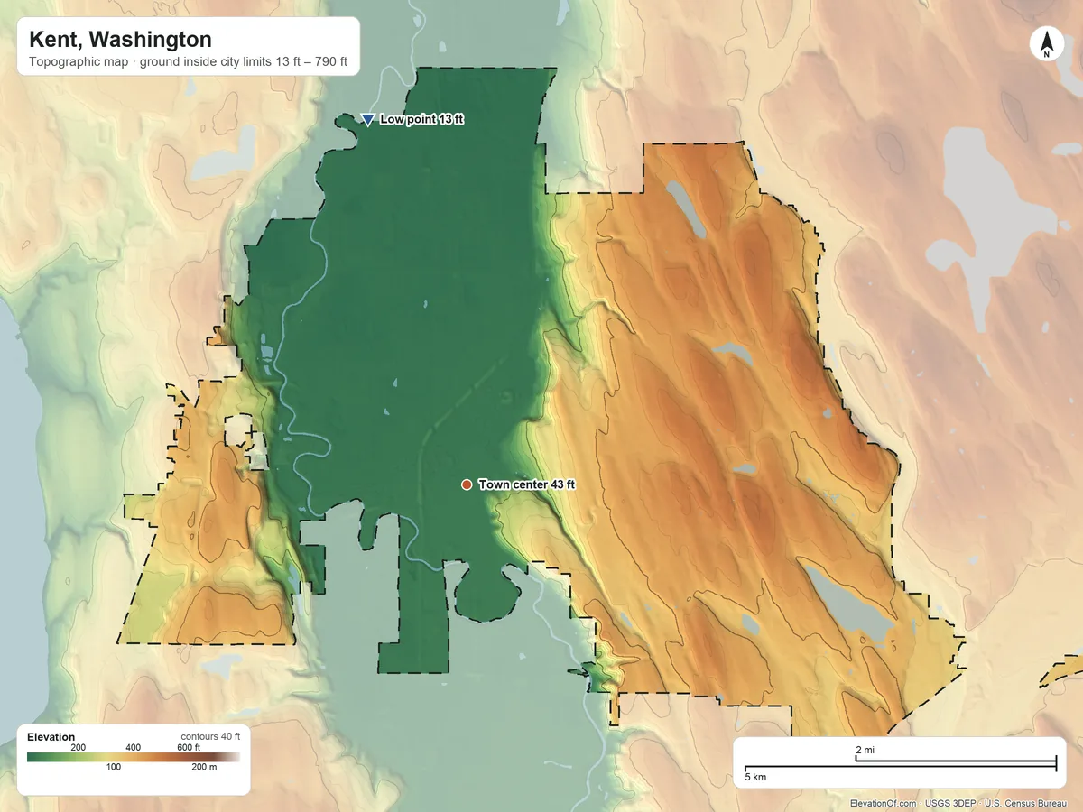 Topographic elevation map of Kent, Washington, shaded from 13 ft on the north side to 790 ft on the east edge, below higher ground just outside