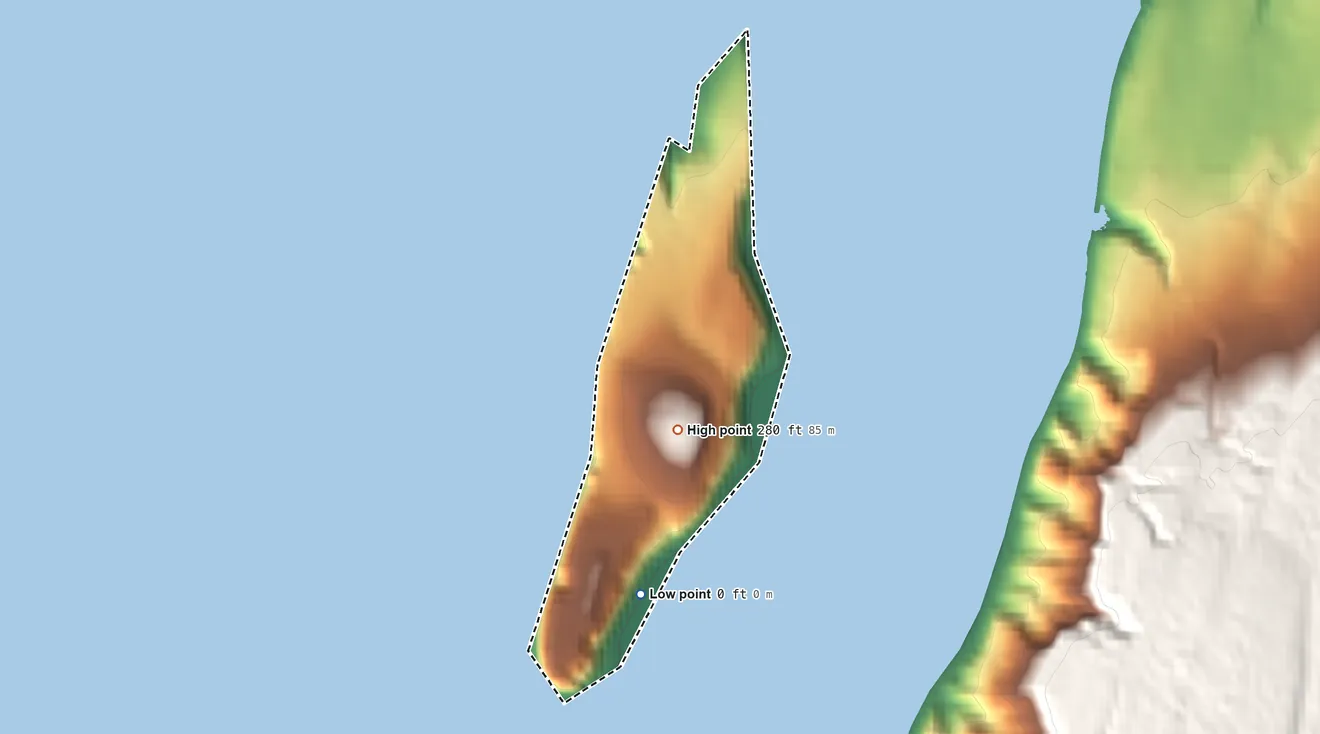 Topographic elevation map of Ketron Island, Washington, shaded from sea level level on Puget Sound to 280 ft on the south side