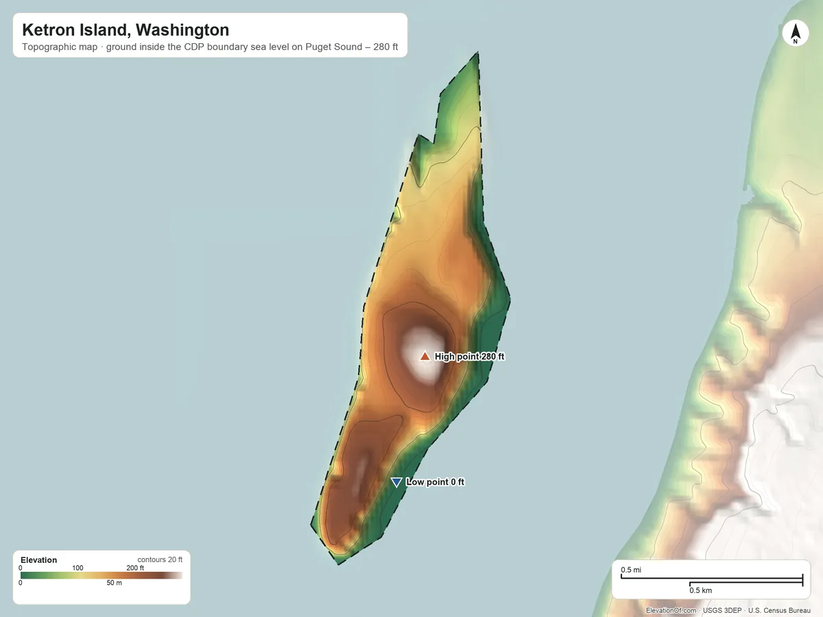Topographic elevation map of Ketron Island, Washington, shaded from sea level level on Puget Sound to 280 ft on the south side