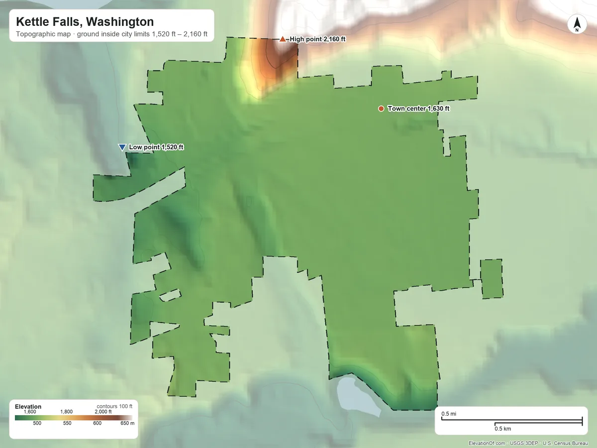 Topographic elevation map of Kettle Falls, Washington, shaded from 1,520 ft on the west side to 2,160 ft at the foot of the Huckleberry Range