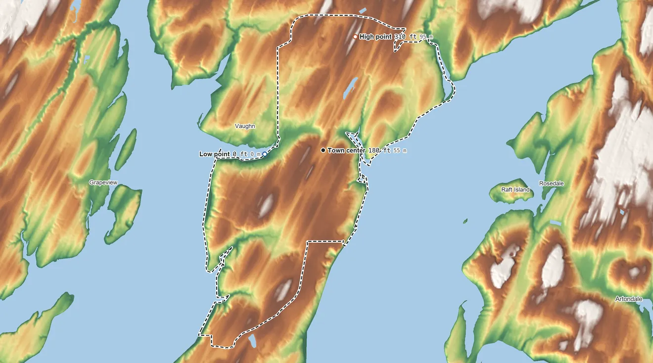 Topographic elevation map of Key Center, Washington, shaded from sea level level on the Salish Sea to 310 ft on the north side