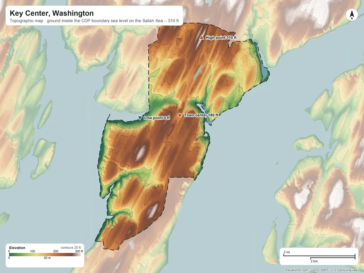 Topographic elevation map of Key Center, Washington, shaded from sea level level on the Salish Sea to 310 ft on the north side