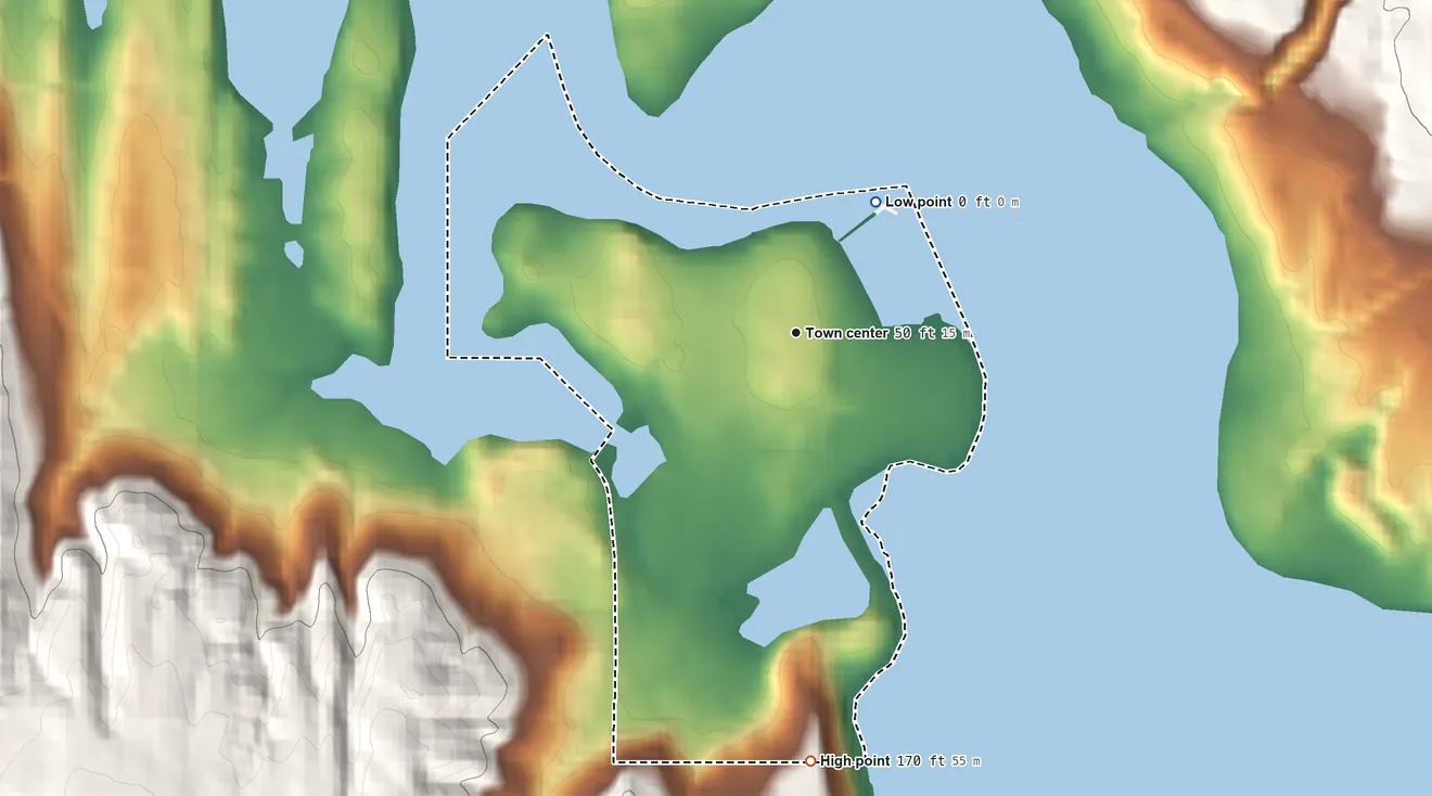 Topographic elevation map of Keyport, Washington, shaded from sea level level on the Port Orchard to 170 ft on the south side