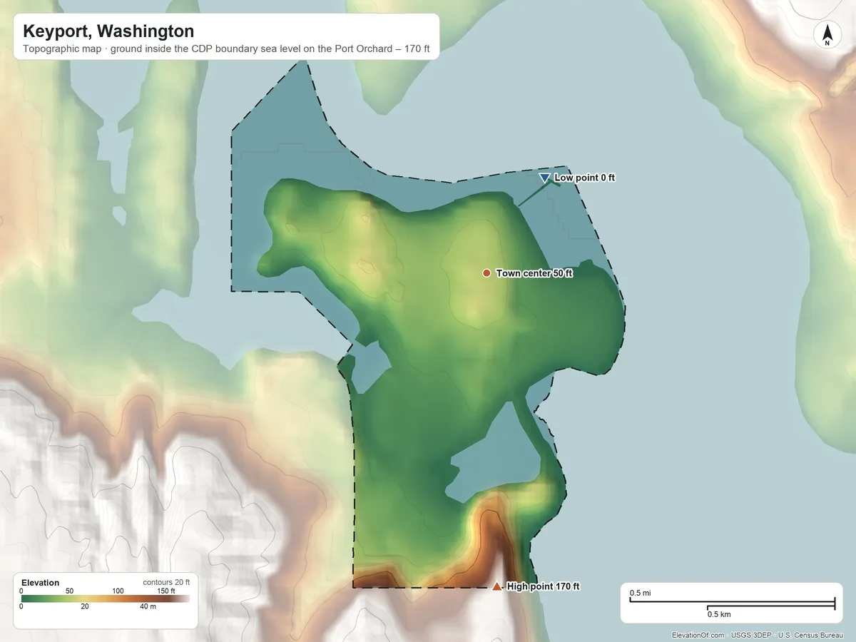 Topographic elevation map of Keyport, Washington, shaded from sea level level on the Port Orchard to 170 ft on the south side