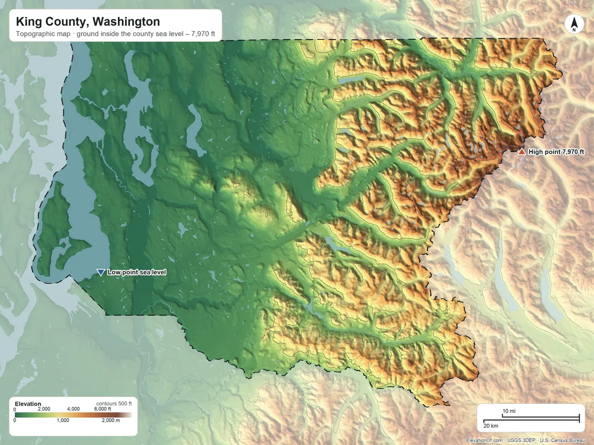 Topographic elevation map of King County, Washington, shaded from sea level on Puget Sound to 7,970 ft on Mount Daniel