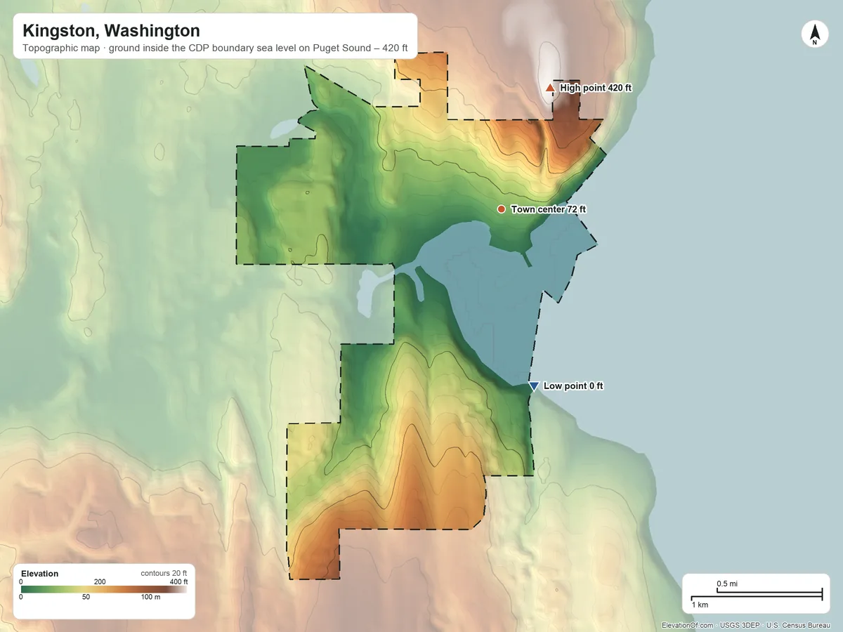 Topographic elevation map of Kingston, Washington, shaded from sea level level on Puget Sound to 420 ft on the north side