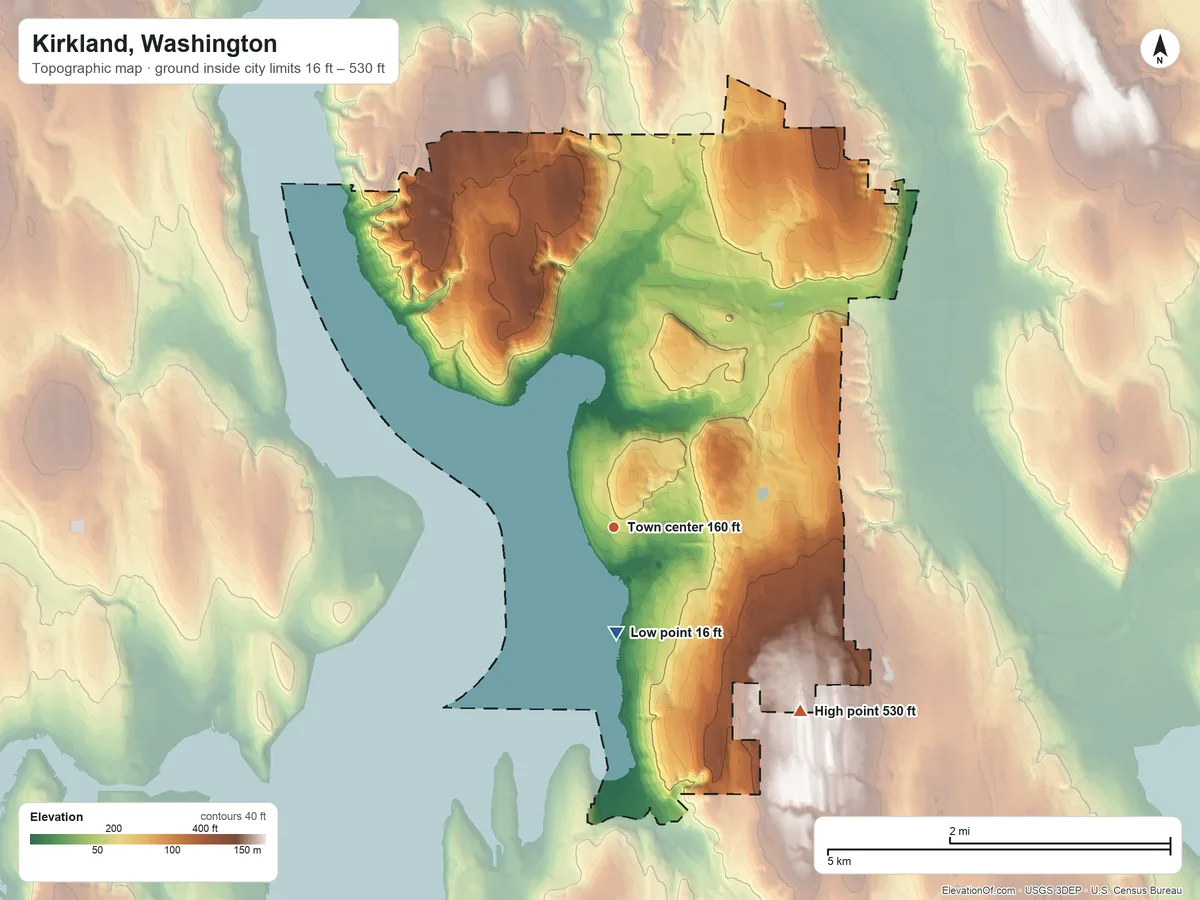Topographic elevation map of Kirkland, Washington, shaded from 16 ft on the south side to 530 ft on the southeast side