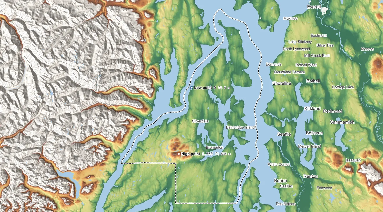 Topographic elevation map of Kitsap County, Washington, shaded from sea level on Squamish Harbor to 1,760 ft on Gold Mountain