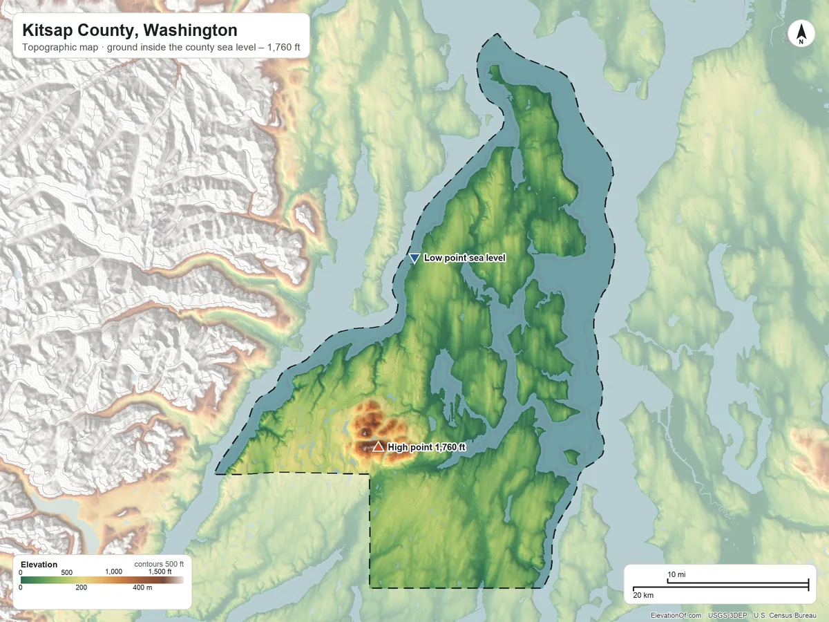 Topographic elevation map of Kitsap County, Washington, shaded from sea level on Squamish Harbor to 1,760 ft on Gold Mountain
