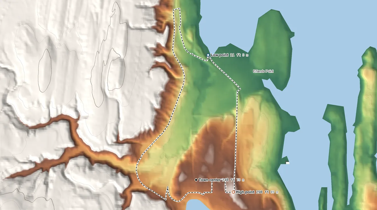 Topographic elevation map of Kitsap Lake, Washington, shaded from 11 ft on the north side to 290 ft on the east edge, below higher ground just outside