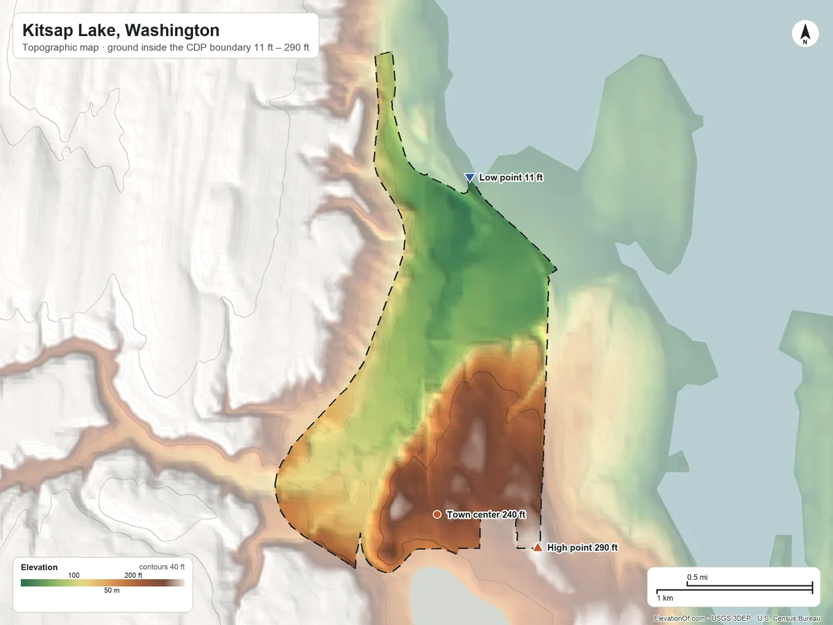 Topographic elevation map of Kitsap Lake, Washington, shaded from 11 ft on the north side to 290 ft on the east edge, below higher ground just outside