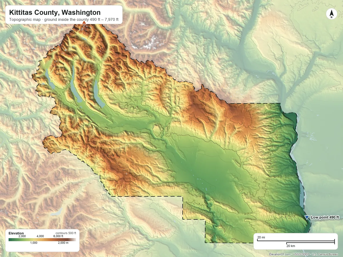 Topographic elevation map of Kittitas County, Washington, shaded from 490 ft on the southeast side to 7,970 ft on Mount Daniel