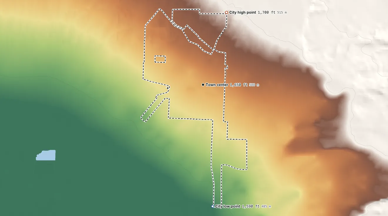 Topographic elevation map of Kittitas, Washington, shaded from 1,590 ft on the south side to 1,700 ft on the north side