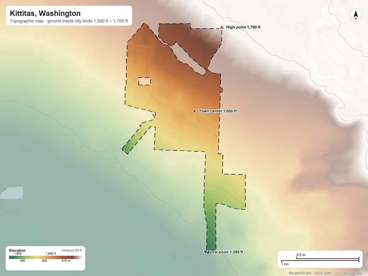 Topographic elevation map of Kittitas, Washington, shaded from 1,590 ft on the south side to 1,700 ft on the north side